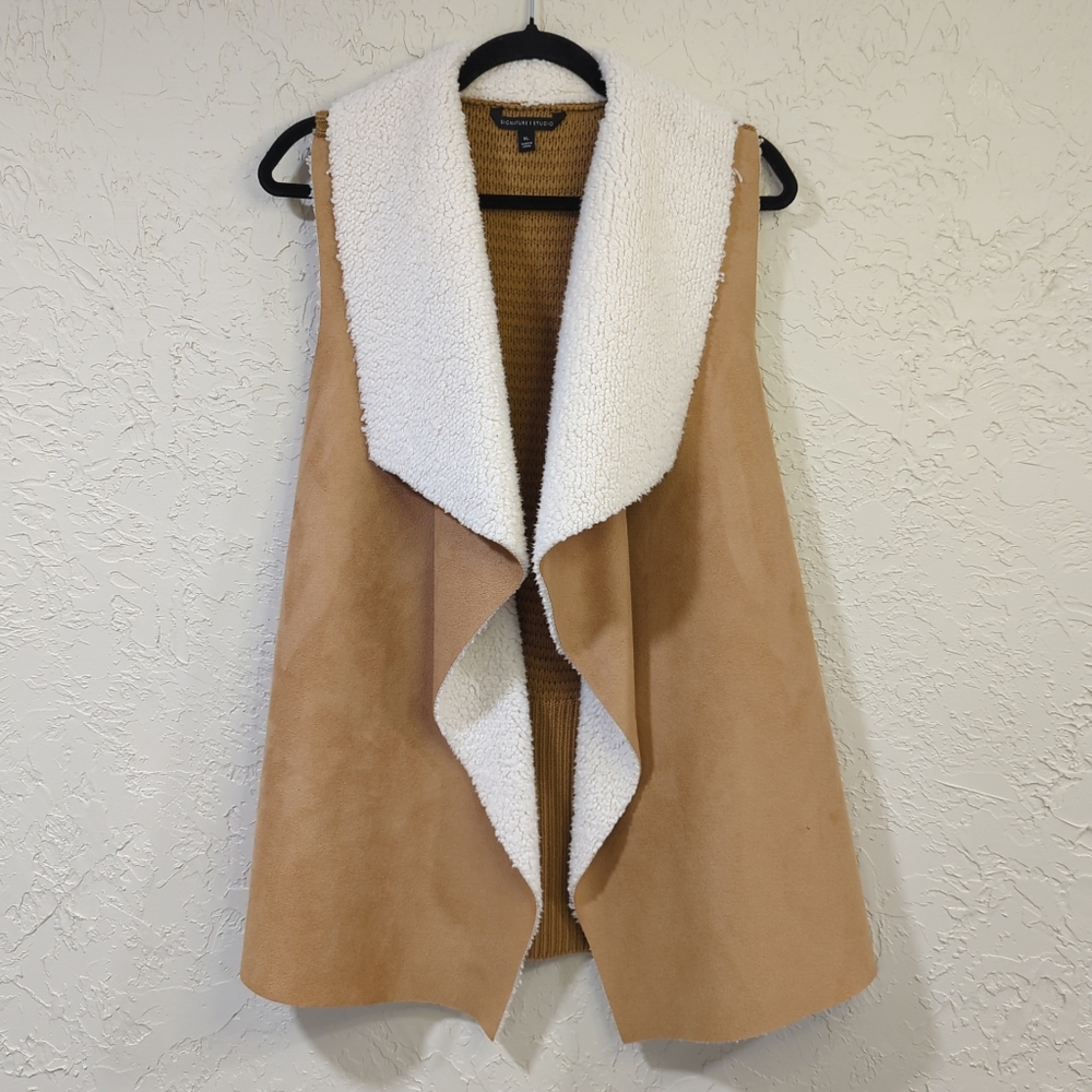Signature Studio Tan Vest Suede Knit Sherpa Flowy Oversize Lightweight Women XL